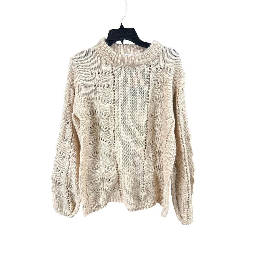 Main Strip Womens Mohair Wool Blend Open Knit Sweater Tan Scalloped LT30733 M